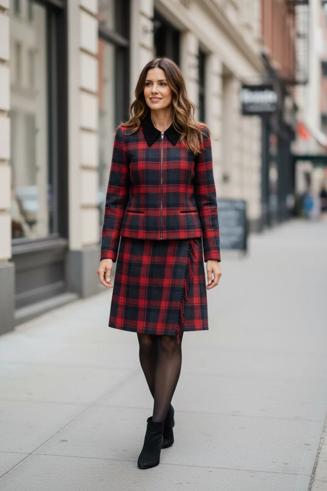 复古 JG Hook 假日西装裙套装格子羊毛混纺 2-PC 海军蓝 8 — 第 1/4 张图片