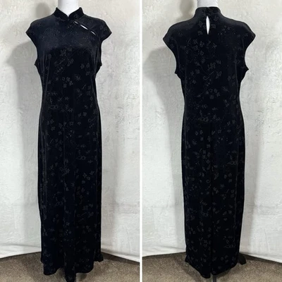 全新带标签复古旗袍天鹅绒长裙 14 黑色闪亮花卉 90 年代奇思妙想女巫 — 第 1/4 张图片