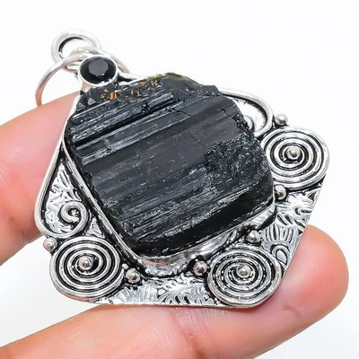 Nera Tormalina, Nero Spinello Gemma 925 Pendente Argento Sterling 6.2cm - Immagine 1 di 4