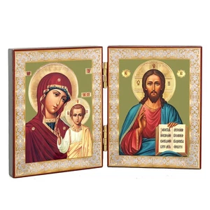 Icon Diptych Christ The Teacher  & Virgin of Kazan With Cross Gold Foil 3 1/4" T - Picture 1 of 9