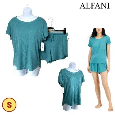 NUEVO CON ETIQUETAS Alfani S Bolsillo Camiseta Tulipán Dobladillo Pantalones Cortos Pijama Conjunto Verde 100144103MS $50 Foto 1 de 4