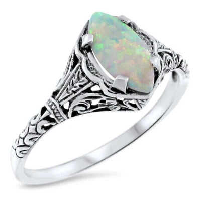 ANILLO ÓPALO BLANCO ESTILO ANTIGUO PLATA ESTERLINA 925 FILIGRANA CREADO EN LABORATORIO 630X Foto 1 de 4