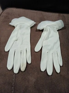 Vintage Stretch Nylon transparent formelle Handschuhe lang Perlen Rüschen Manschette - Bild 1 von 4