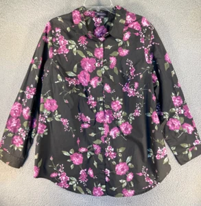 Roaman's Top Women's 20W Pink Rose on Black Long Sleeve Button Up Office Casual - Picture 1 of 10