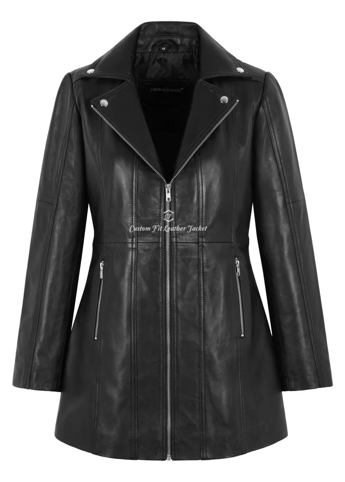 Ladies Biker Style Leather Jacket Black Mid Length Slim Fit Real Sheep Napa Coat - Image 1 of 4