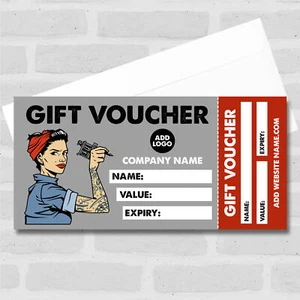 Tattoo Studio Woman Red Black Any Details Perforated Business Gift Voucher - Picture 1 of 2