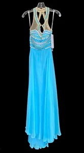 Women's Rachel Allan Sky Blue Dress Beaded Chiffon A-Line Sweetheart Neck Size 4 - Picture 1 of 5