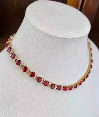 20CT Oval Lab Created  Ruby Women's Tennis Necklace 14K Yellow Gold Plated 18" - Image 1 of 3