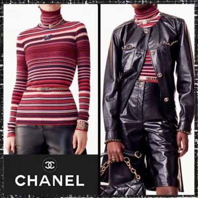 NUEVO CON ETIQUETAS CHANEL 23B Suéter Cuello Alto Multicolor Rayas Calce Ajustado F 34/US 2 $3,200 Foto 1 de 4