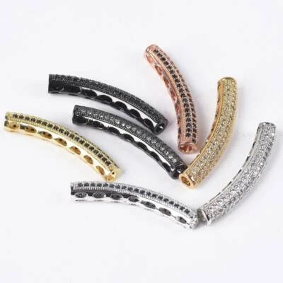 5pcs 32x5mm Long Curved Tube Rose Gold Silver Crystal & Copper Metal Loose Beads - Image 1 of 4