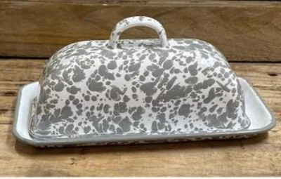 NEW PRIMITIVE FARMHOUSE Enamelware BUTTER DISH GRAY SPLATTER Retro LOOK 8.5"W - Image 1 of 2