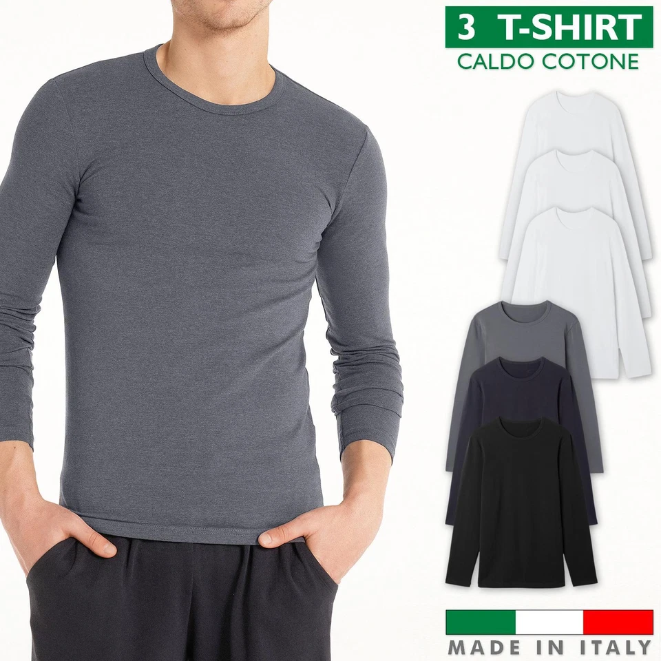 Set 3 T-Shirt Uomo Manica Lunga Caldo Cotone Maglia Felpata Inverno VEQUE - Immagine 1 di 4