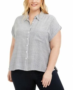 Style & Co Womens Plus Size 0X Collared Striped Camp Button Down Shirt Blue 1284 - Picture 1 of 7