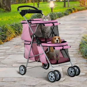Double Dog Stroller Pet Stroller 4 Wheels Folding Travel Carrier with Cup Holder - Picture 1 of 9