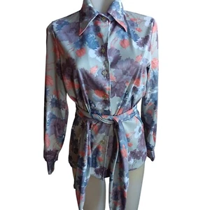 Women's 10 Medium Vintage Floral Long Sleeve Button-Up Blouse With Waist Tie 70s - Picture 1 of 16