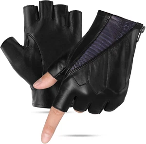 Mens Genuine Leather Fingerless Gloves Unlined Sheepskin Motorcycle Gloves Half - Picture 1 of 5