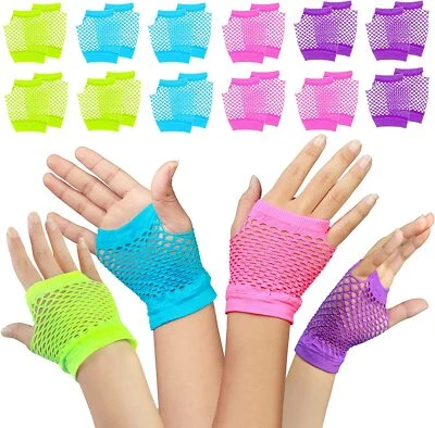 12 Pair 80s Themed Fishnet Fingerless Diva Wrist Gloves Neon Gloves Party Favors - Image 1 of 4