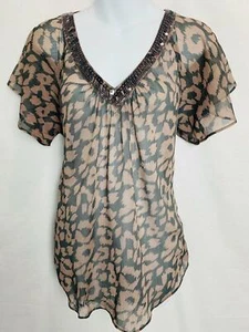 EXPRESS Semi SHEER Sequin V-Neck Black & Brown TOP BLOUSE Ssz Medium - Picture 1 of 5