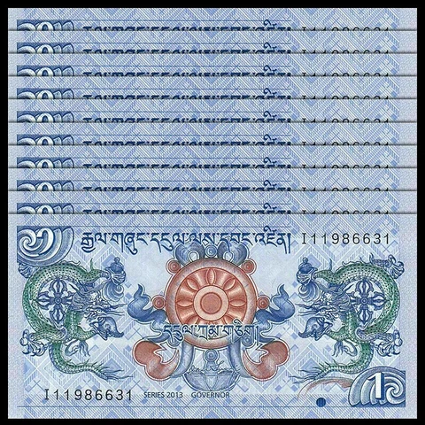 10 Pcs x Bhutan 1 Ngultrum-, 2013 P-27b Uncirculated Banknotes Cover