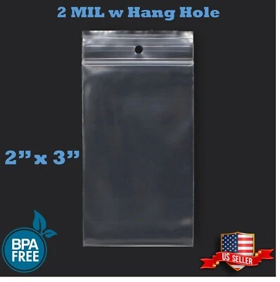 2" x 3" Zip Seal Reclosable 2Mil Plastic Top Lock Bags Hang Hole Jewelry 2 Mil - Image 1 of 4