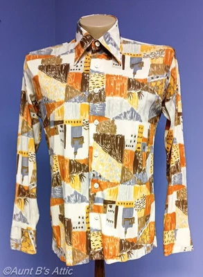 Винтажная мужская пуританская коричневая или серая абстрактная рубашка с широким воротником для строительной сцены 70-е L - Изображение 1 из 4