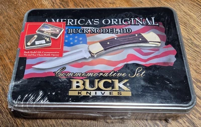 Juego de cuchillos, llaveros y cuchillos conmemorativos Buck modelo 110 nuevo en paquete Foto 1 de 4