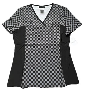 NWT Women’s Small Cherokee Black & Gray Check Print Scrub Top - Picture 1 of 1