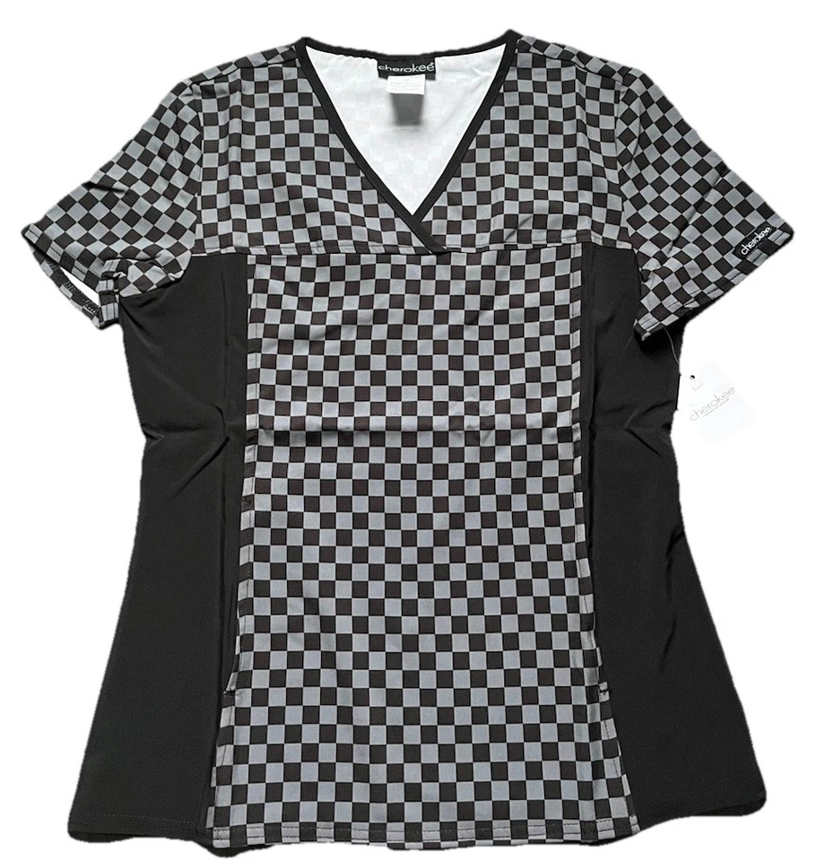 NWT Women’s Small Cherokee Black & Gray Check Print Scrub Top - Image 1 of 1