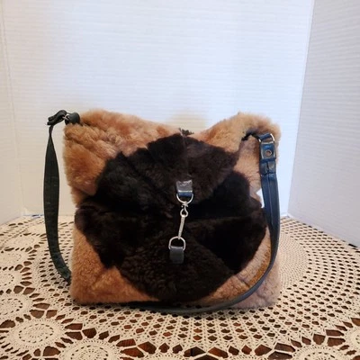 Vintage Two-Tone Sheepskin (?) Faux Fur Boho Shoulder Bag Purse w/Leather Strap - Image 1 of 4