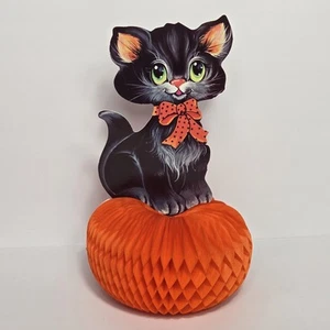 Centro de mesa vintage de decoración de tejido de panal de gato negro y calabaza de Halloween - Imagen 1 de 9