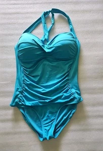 Liz Claiborne Teal Halter Ruched One Piece Swimsuit Size 16 Retro Glam Ruched - Picture 1 of 4