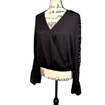 Sheer Black Wrap Shirt Crocheted Long Bell Sleeve Elastic Waist Witchy Goth Sz L - Image 1 of 4