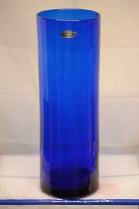 VINTAGE 14" TALL COLBALT BLUE BLENKO CYLINDER VASE OLD LABEL 5" DIA. - Picture 1 of 6