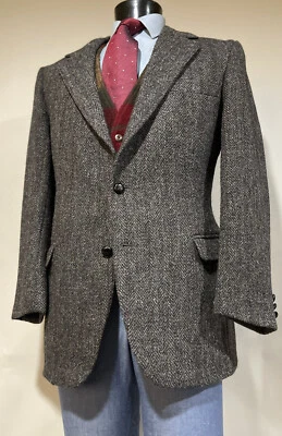 Abrigo Deportivo Harris Tweed Lana Gris Rayas Cuero Botón Hombre 42 R Hecho en EE. UU. Foto 1 de 4