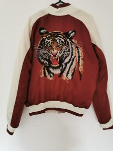 Silence + Noise Bomber Jacket Embroidered Tiger Red Cream Size L
