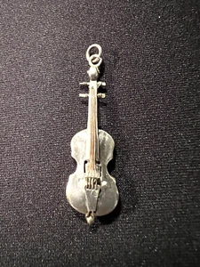 Sterling Silver Violin Fiddle Charm 1 1/2" Long w/Loop Copper Wire Strings EUC - Picture 1 of 6