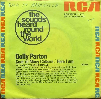 Dolly Parton Coat Of Many Colours / Here I Am 1972 Promo Oz 45 - Image 1 of 4
