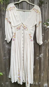 Free People Day Glow Midi Dress Button Up Embroidered Floral V-Neck Size XS - Picture 1 of 8
