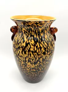 Handgeblasene Kunst Glas Leopard/Schildkröte Druck Vase mit Bernstein Glas Griffen 9,5" T - Bild 1 von 5