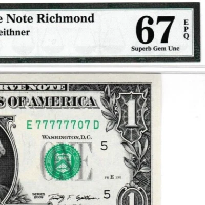 NEAR SOLID BOEING 707 S/N 77777707  $1  2009 Federal Reserve note Fr. 1934-E PMG - Image 1 of 3