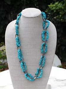 Vintage Estate Sterling Silver 925 & Chunky Turquoise Stones Chips 29” Necklace - Picture 1 of 16