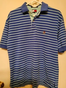 Camisa de golf vintage Tommy Hilfiger azul a rayas manga corta logotipo talla grande - Imagen 1 de 4