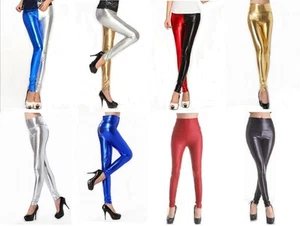 MUJER NEGRO ROJO ORO PLATA AZUL CINTURA ALTA LARGO LEGGINGS PANTALONES - Imagen 1 de 5