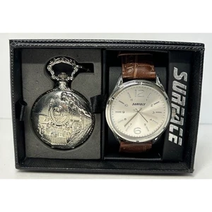 Surface Watch and Pocket Watch Set Train Design Brown Band Silver Tone Dad New - Picture 1 of 11