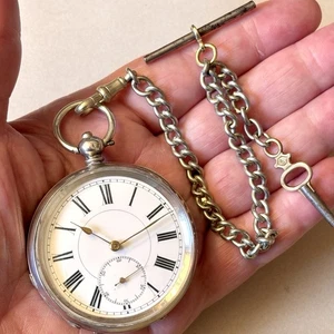 Swiss/English Sterling Silver Key Wind Pocket Watch with Key & Chain, Serviced - Picture 1 of 14