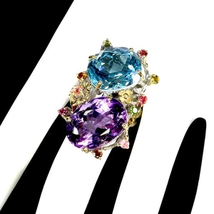 925 Sterling Silver Ring Oval Amethyst 38ct Topaz Gemstone Jewelry Handmade Sz 9 - Picture 1 of 14