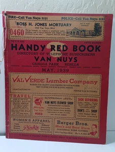 May 1939 Van Nuys Canoga Park Reseda Telephone Directory Red Book JRR18 - Picture 1 of 11