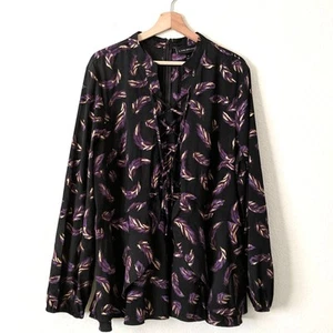 Lane Bryant Painted Feather Lace Up Blouse Purple Gold Long Sleeve Top 20 Plus - Picture 1 of 11