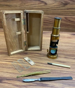 Vtg Antique Brass Field Pocket Microscope w/Wooden Case Made in France One Slide - Picture 1 of 21