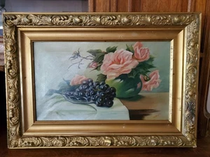 Antique Victorian Pink Roses Art Nouveau Green Pottery Still Life Oil Painting - Picture 1 of 19